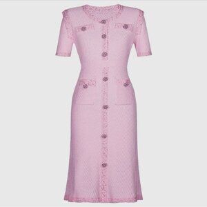 Women Luxury Dress Pink Knitted Beaded Short-Sleeved Size M Stretch Round Neck